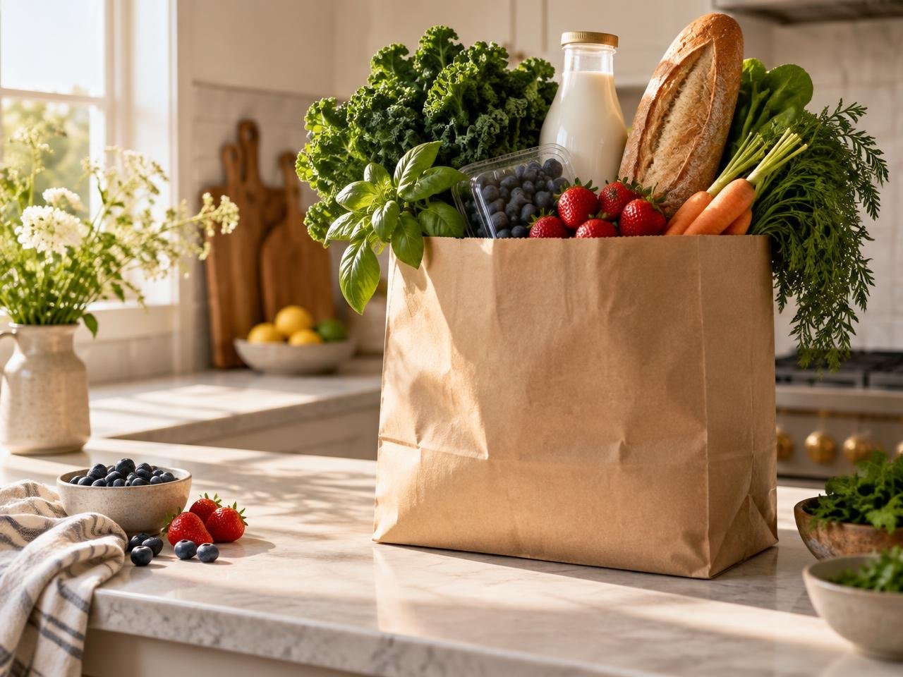 Fresh groceries and household essentials arranged for a FreshCart grocery delivery demo